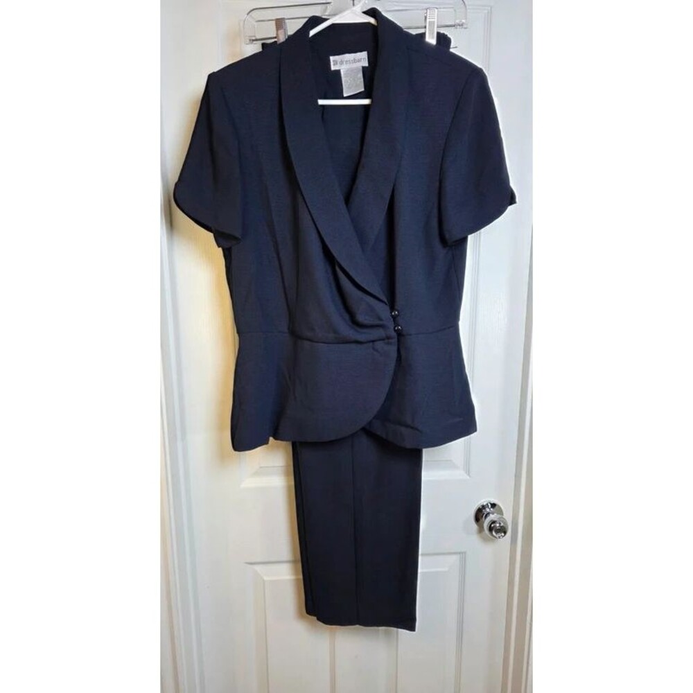 Dressbarn Navy Blue Crepe Asymmetric Wrap Pantsuit Set - Size 14 Stretch